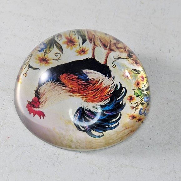 Decorative Glass Dome Paperweight Chicken Rooster Illustration Yellow Flowers - Picture 7 of 8